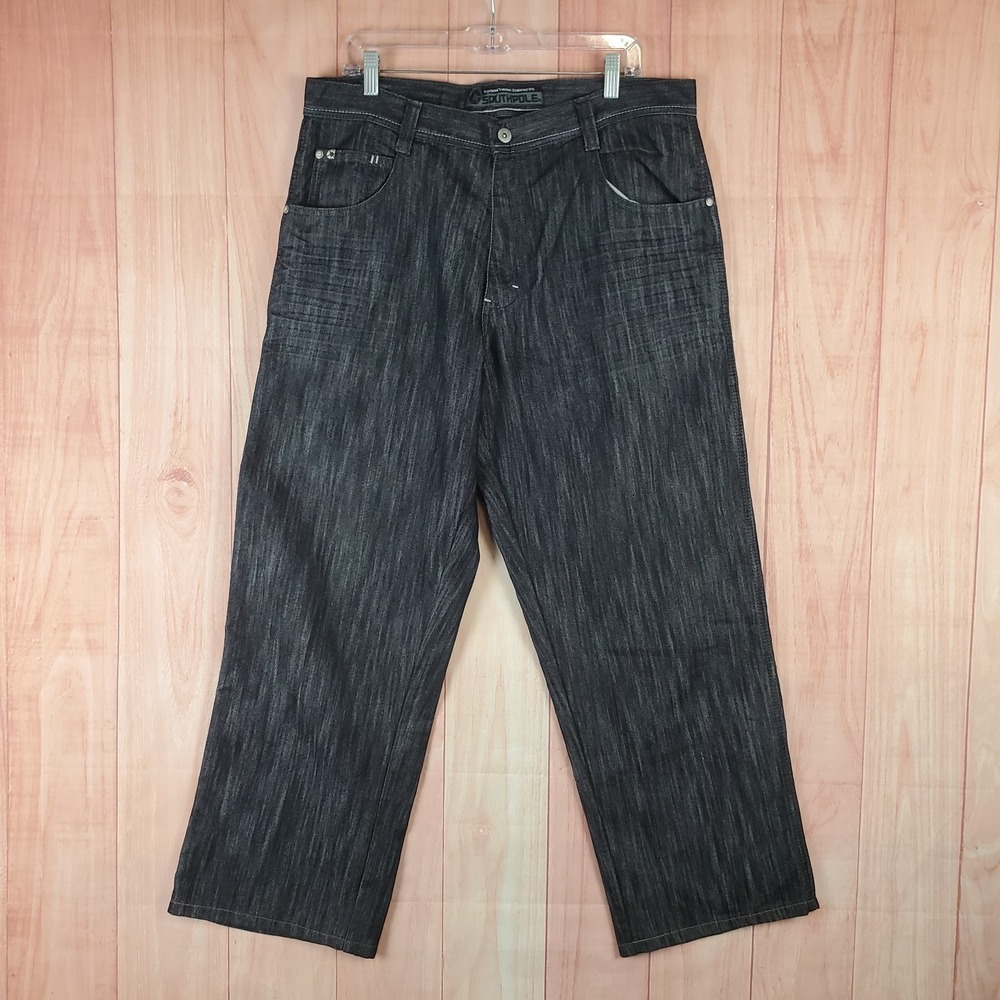 South Pole Mens Baggy Jeans Sz 36 Black Denim Cotton Stretch 5-Pockets